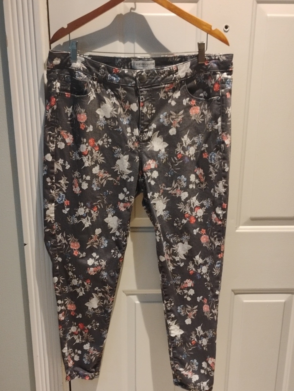 Lane Bryant Charcoal Floral Slim Pants with Pink & Blue Blooms